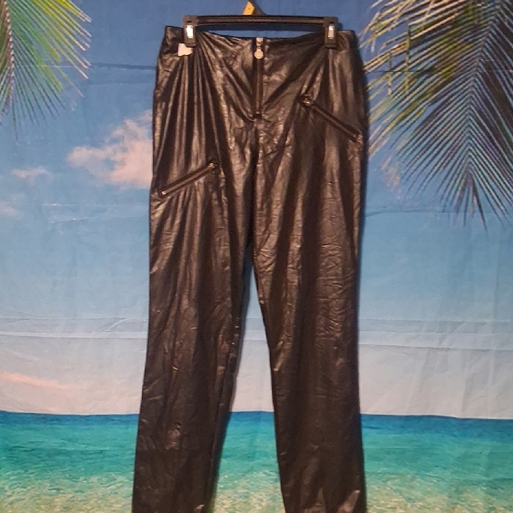 Men's Black Faux Leather Pants with Zip Pockets